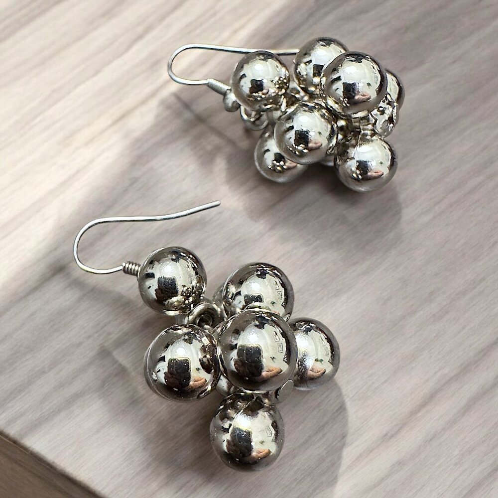 Silver Tone Pierced Earrings Cluster Balls Beads Light Weight Metal Dangling